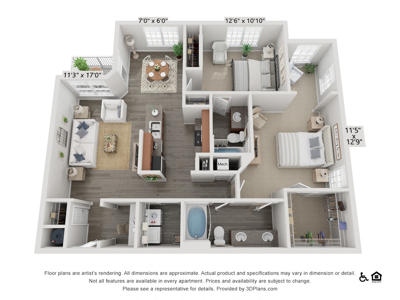 Floor plan for 2 beds, 2 baths, 1251 sqft